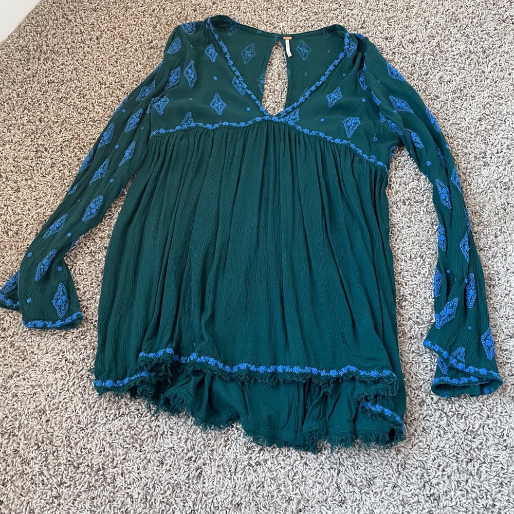 Free People Teal Green Boho Embroidered Long Sleeve Tunic